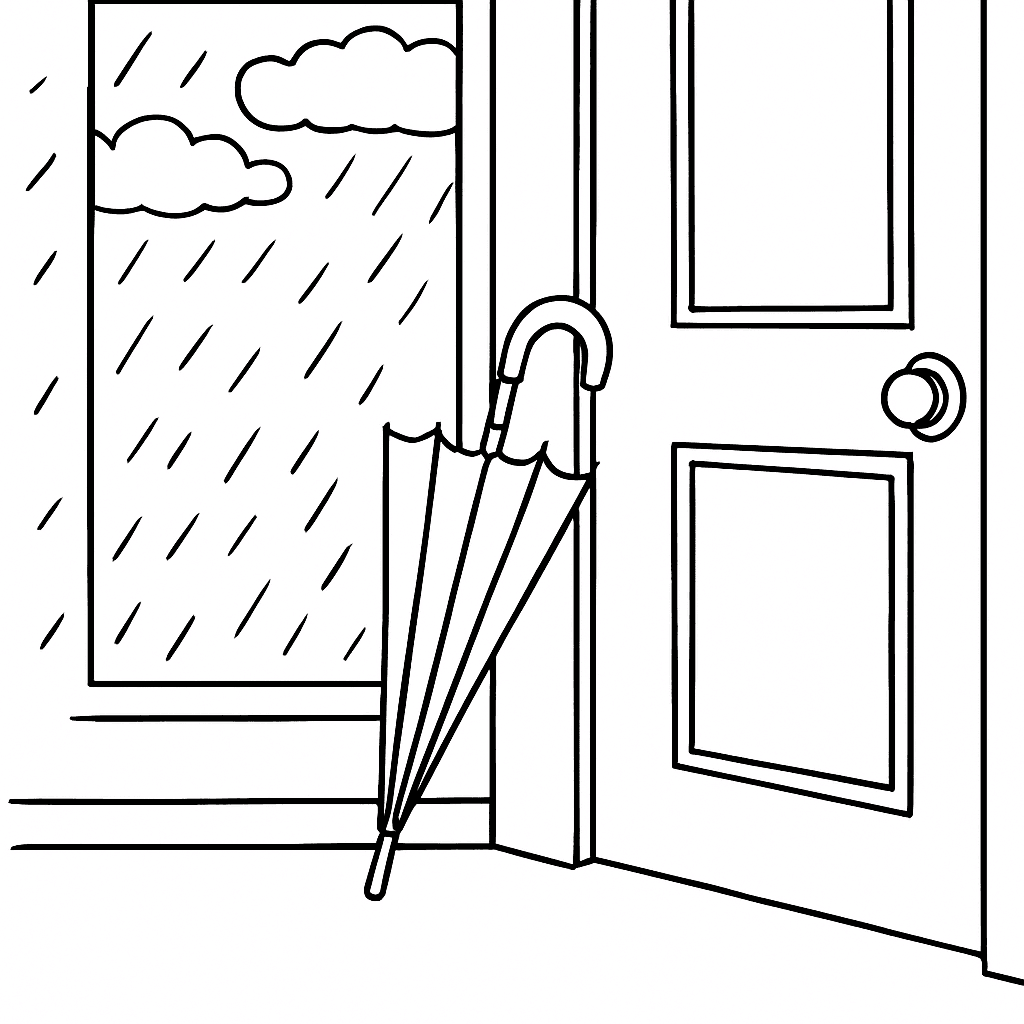 Regenschirm an der Haustür Ausmalbild