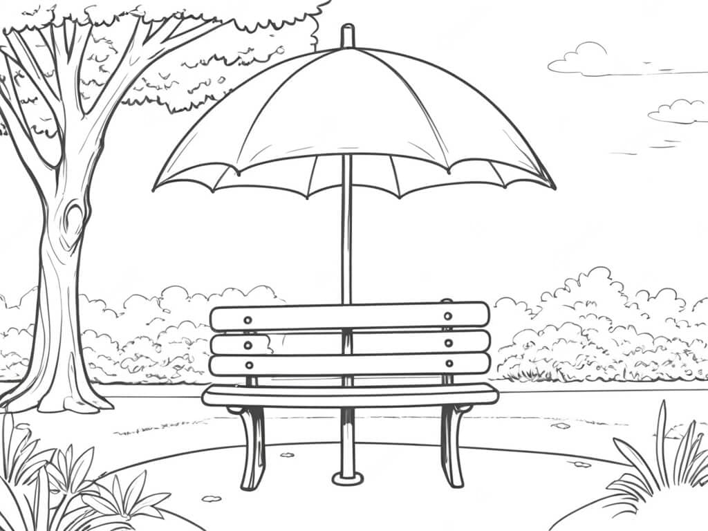 Regenschirm auf der Bank Ausmalbild
