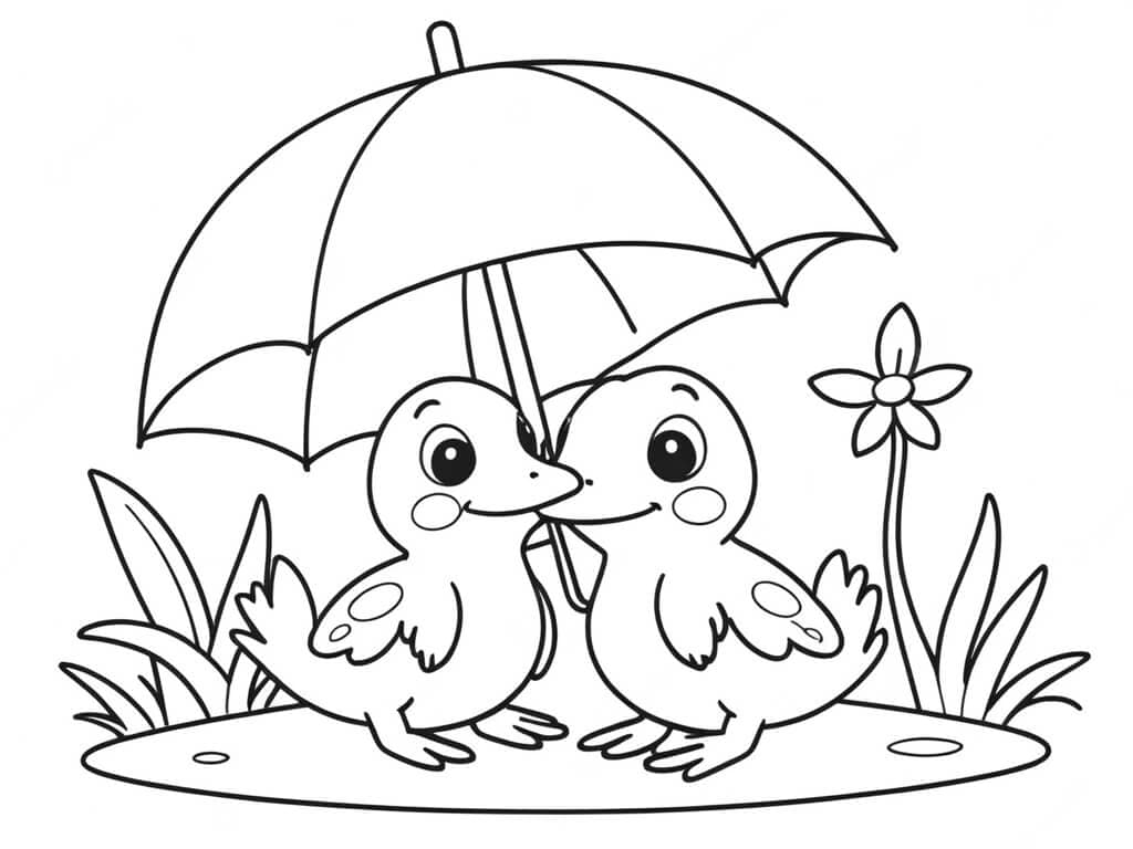 Regenschirm mit Entenküken Ausmalbild