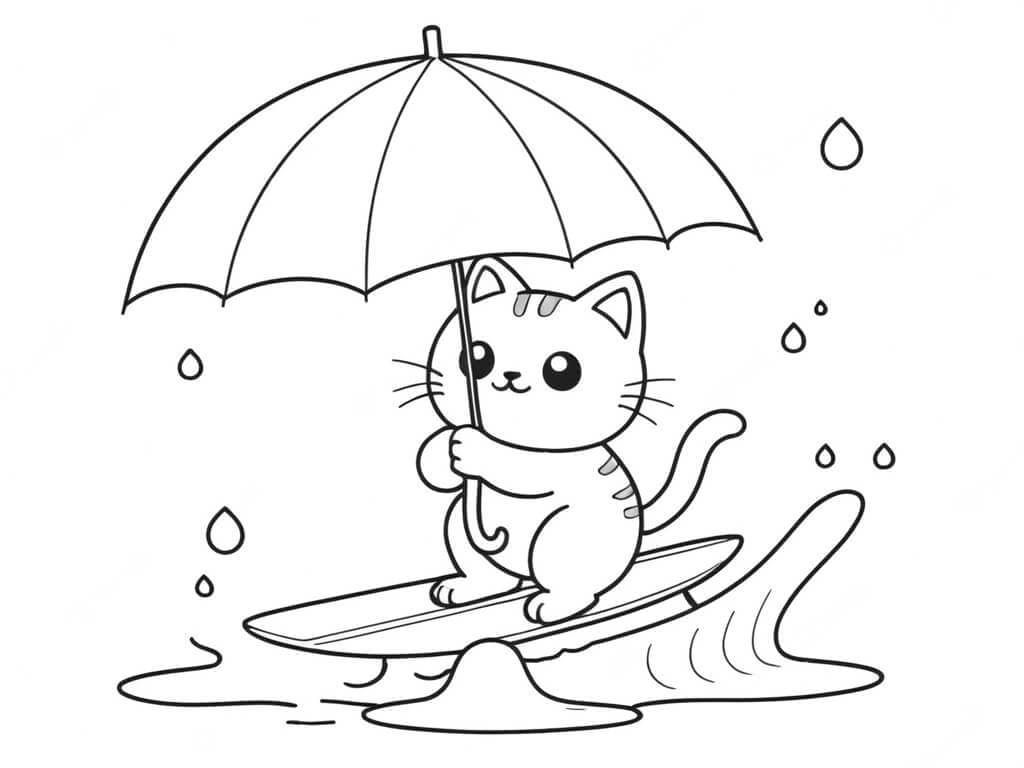 Regenschirm mit Surferkätzchen Ausmalbild