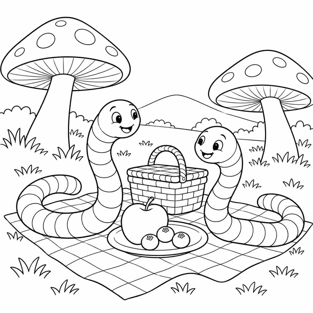 Regenwürmer beim Picknick – Ausmalbild in Schwarz-Weiß