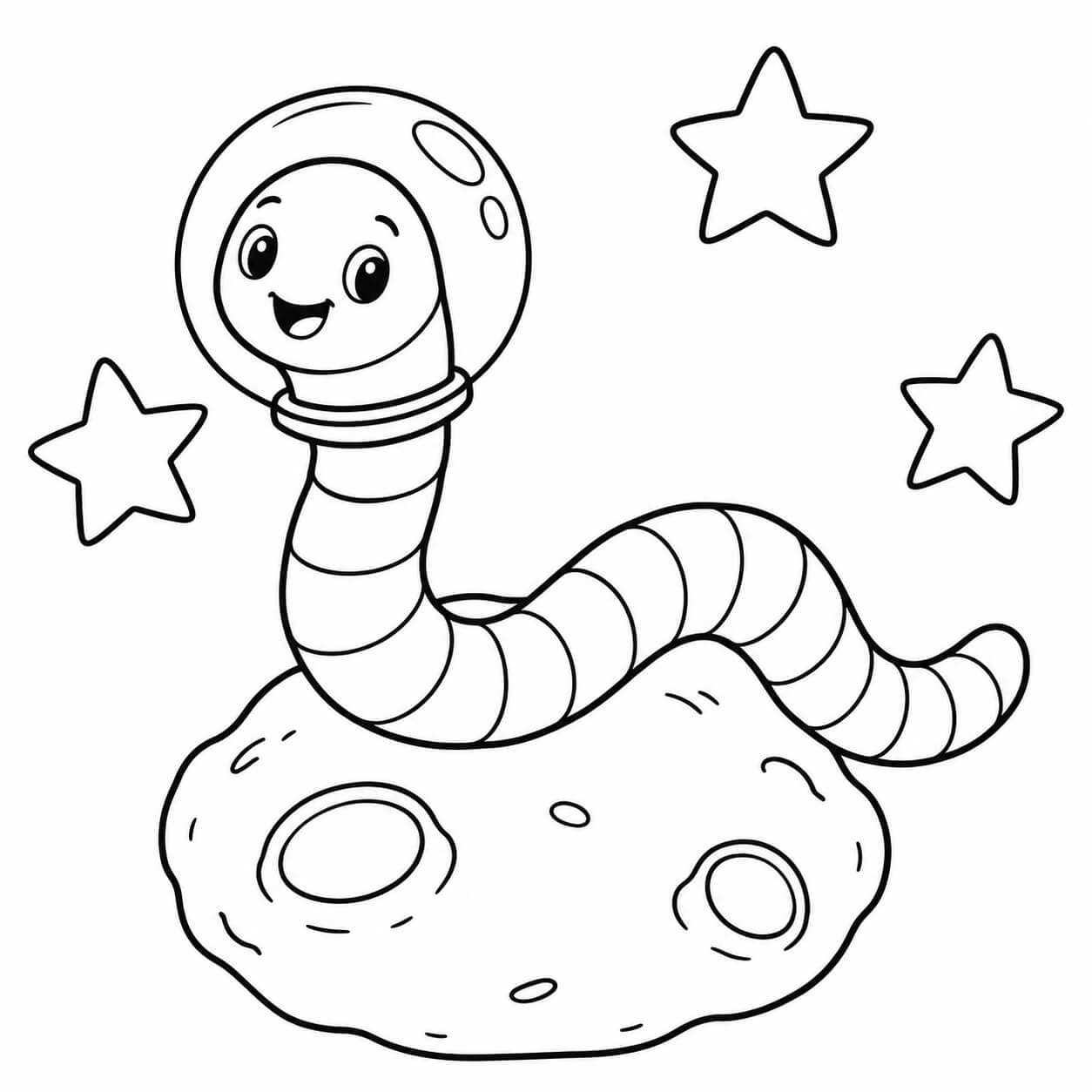 Regenwurm als Astronaut – Ausmalbild in Schwarz-Weiß