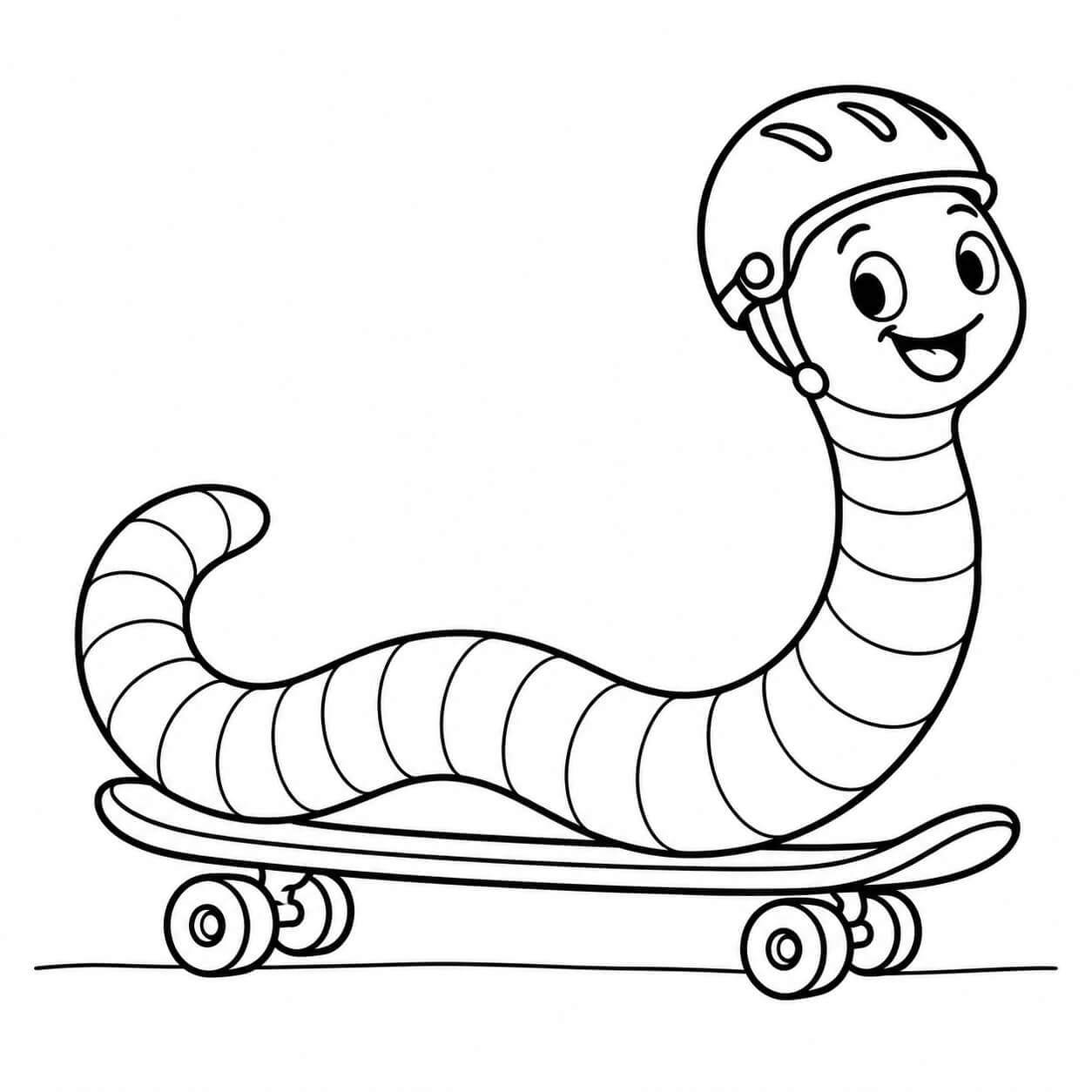 Regenwurm fährt Skateboard – Ausmalbild in Schwarz-Weiß