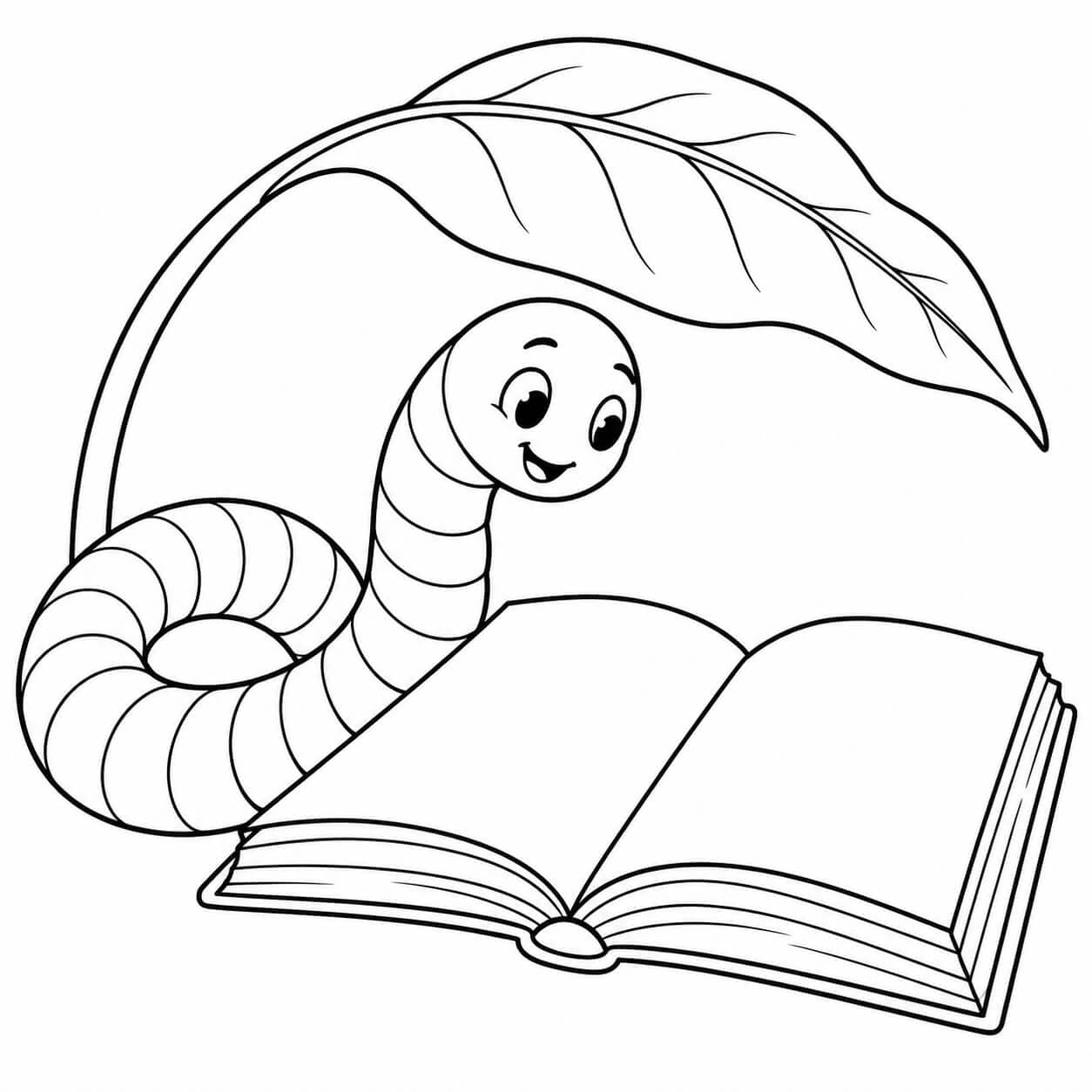 Regenwurm liest ein Buch – Ausmalbild in Schwarz-Weiß