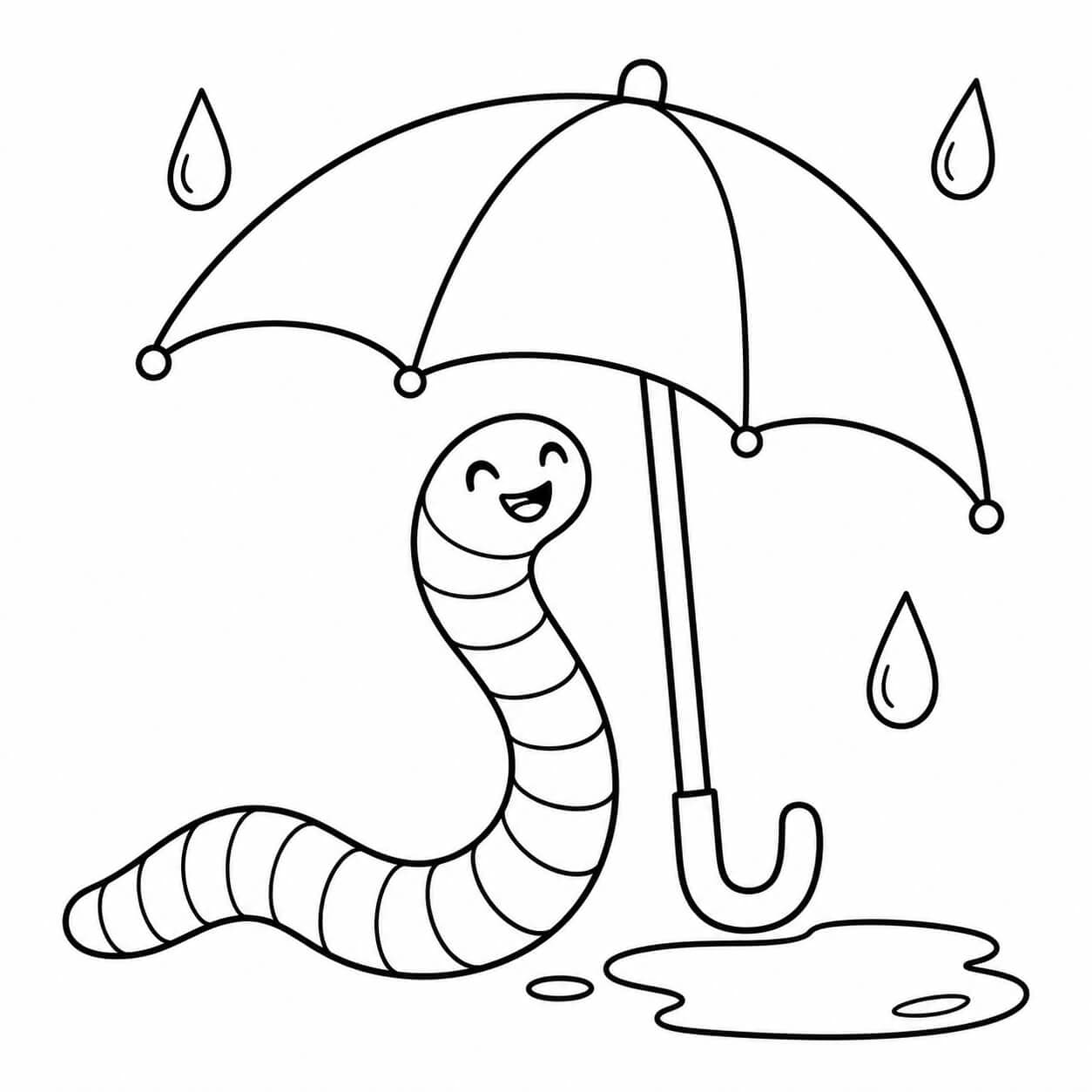 Regenwurm mit Regenschirm – Ausmalbild in Schwarz-Weiß
