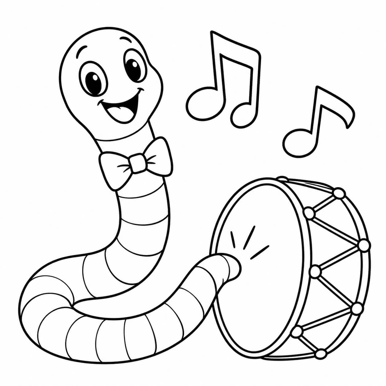 Regenwurm spielt Musik – Ausmalbild in Schwarz-Weiß