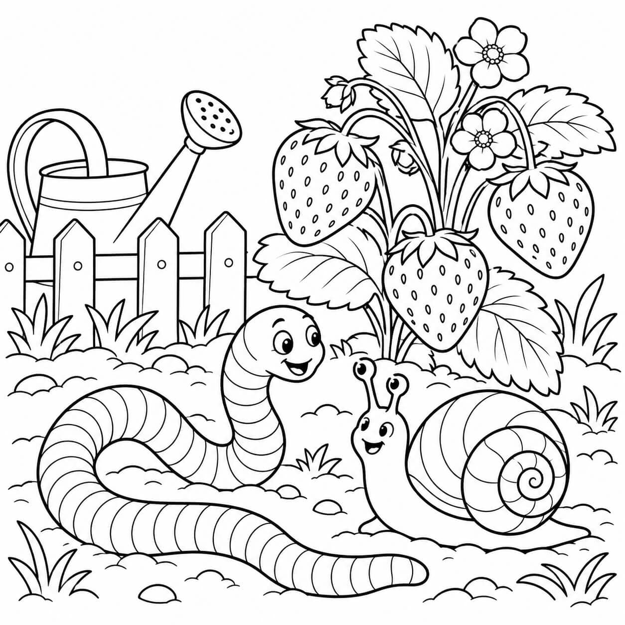 Regenwurm und Schnecke im Garten – Ausmalbild in Schwarz-Weiß