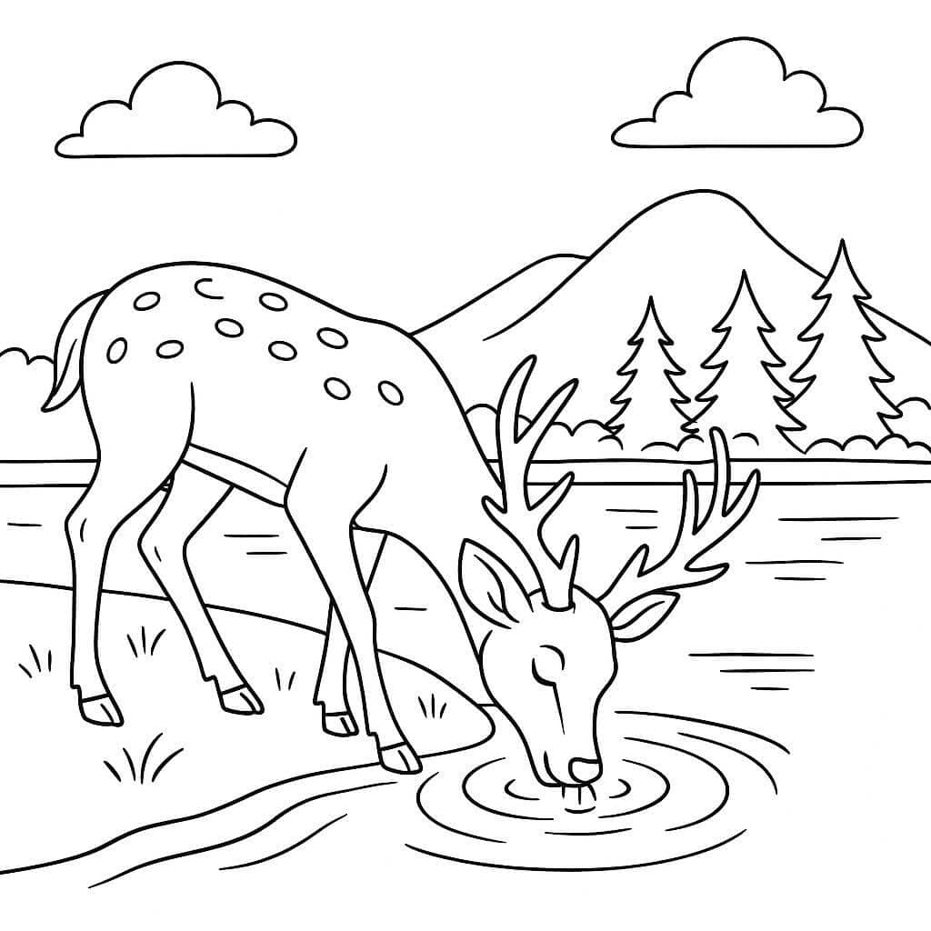 Reh trinkt Wasser am See Ausmalbild