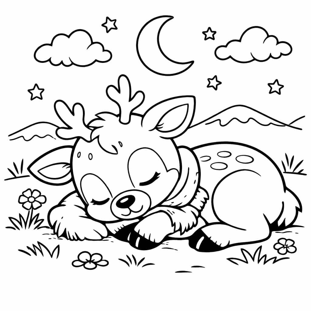 Baby-Rentier schläft auf der Wiese Ausmalbild