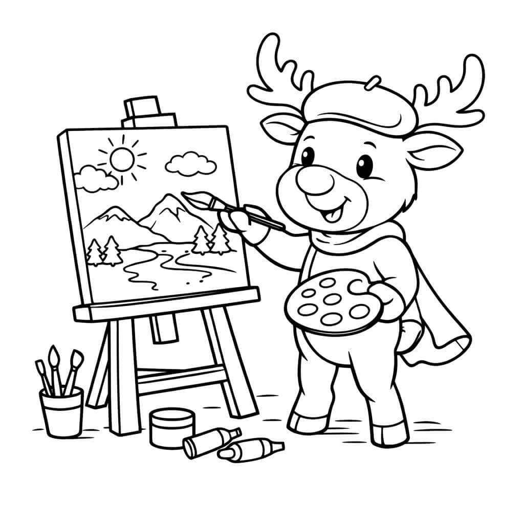 Rentier malt Bild Ausmalbild