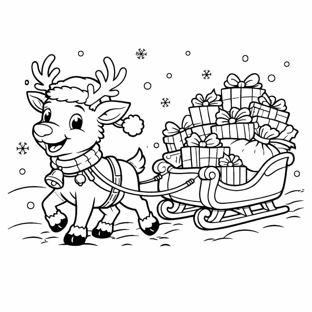 Rentier mit Geschenkeschlitten Ausmalbild
