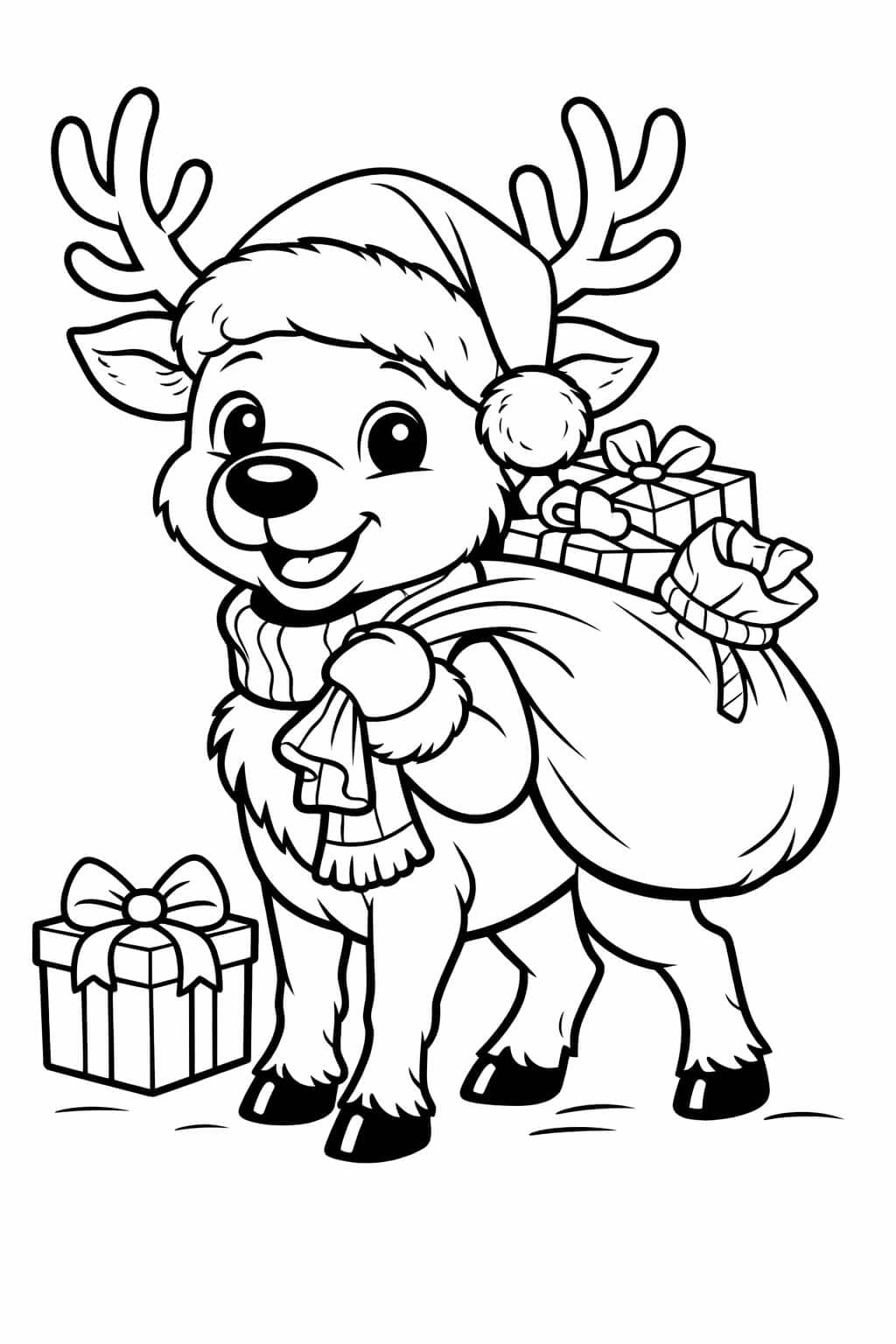 Rentier mit Weihnachtsmütze und Geschenken Ausmalbild