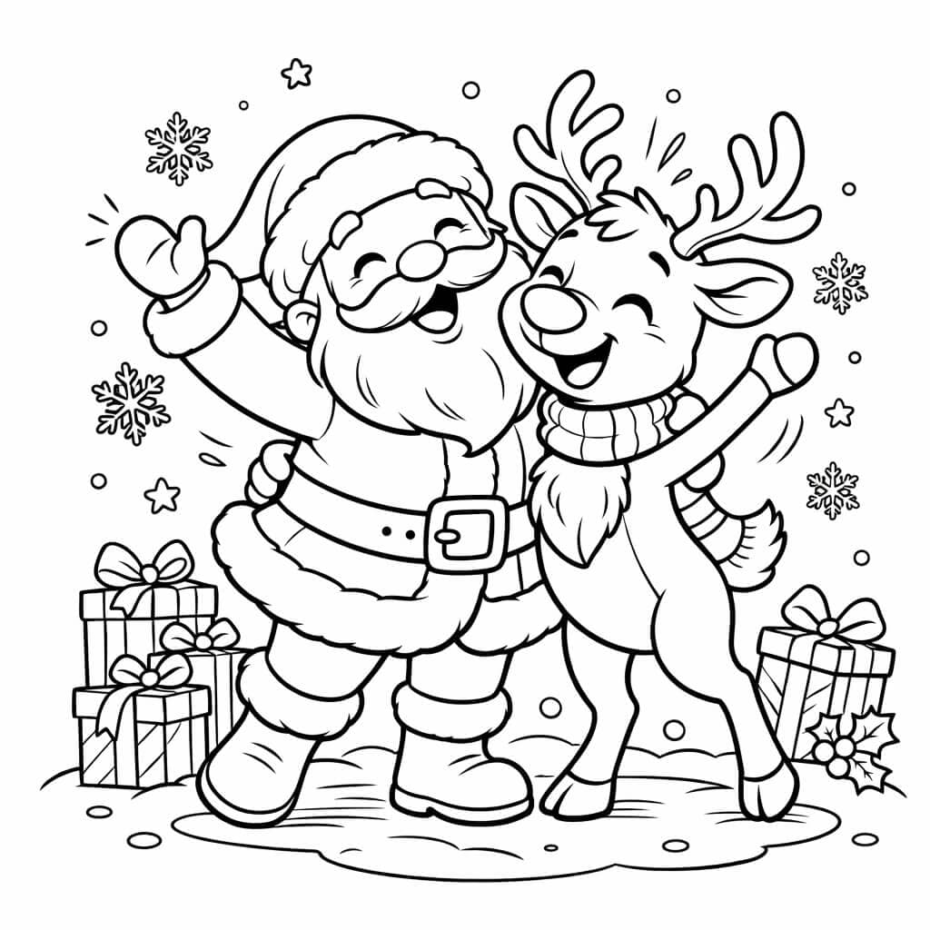 Rentier und Weihnachtsmann High Five Ausmalbild