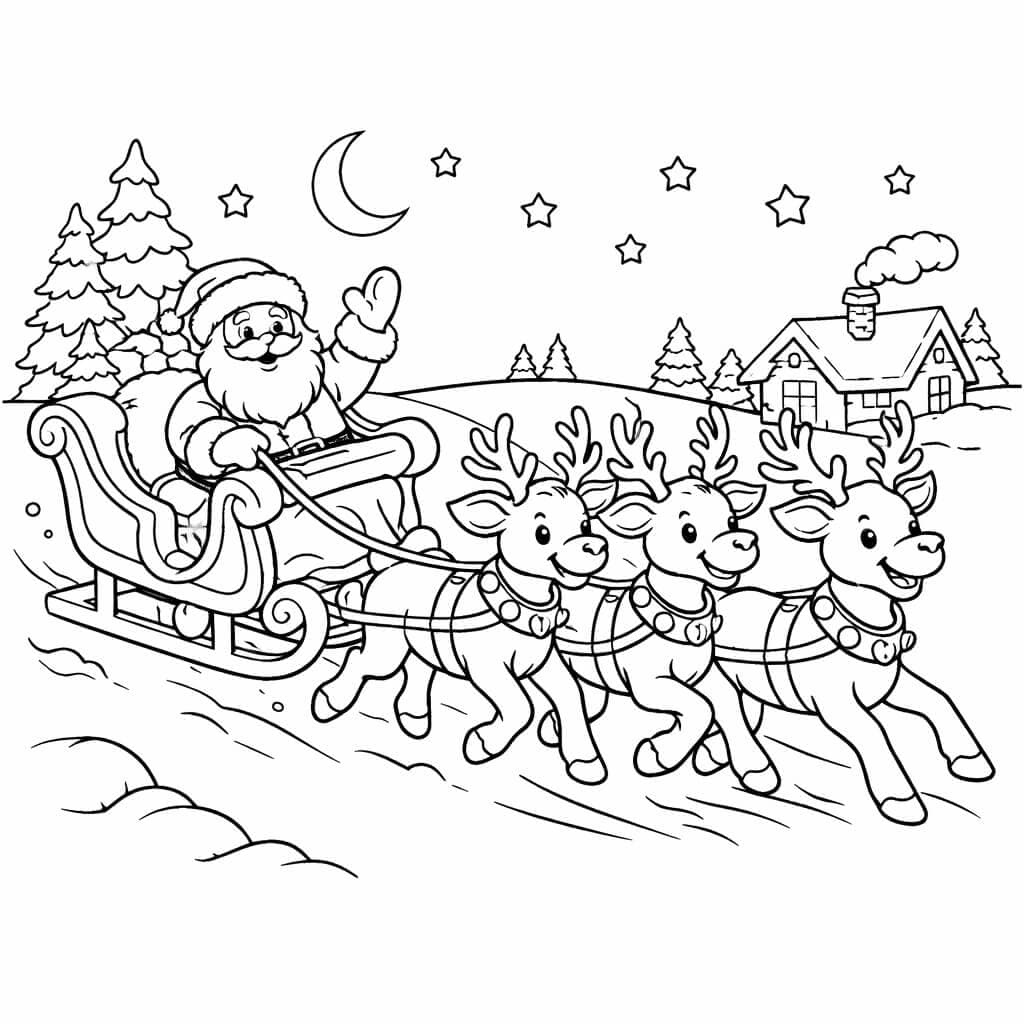 Rentier zieht Schlitten mit Weihnachtsmann Ausmalbild