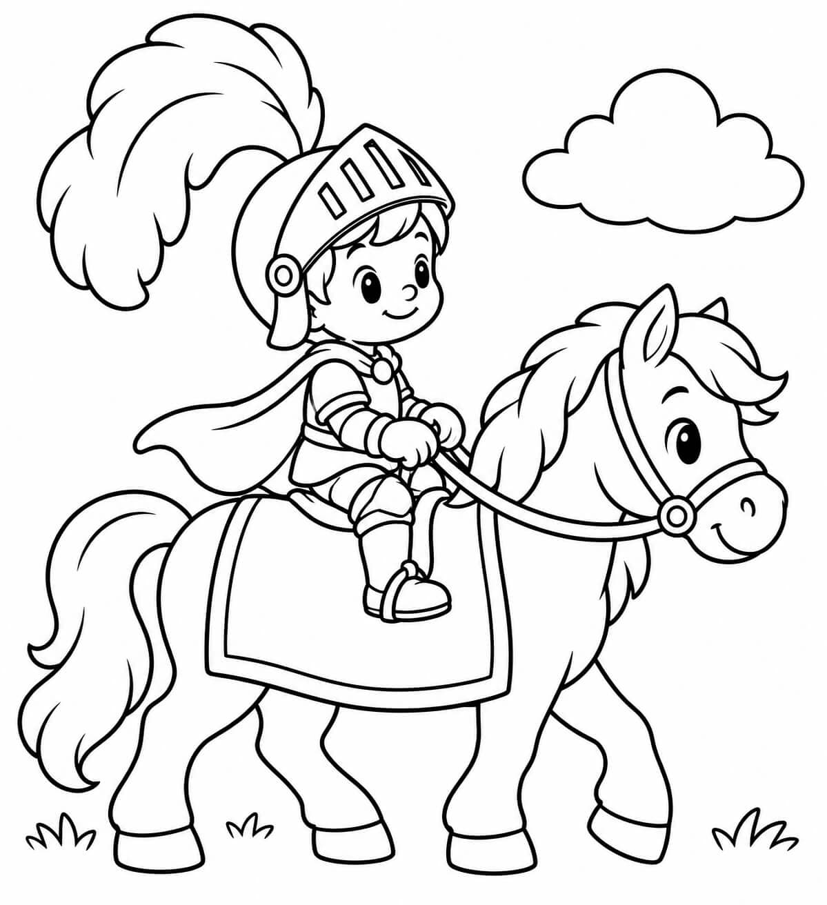 Ein kleiner Ritter auf dem Pony – einfache Malvorlage für Kinder