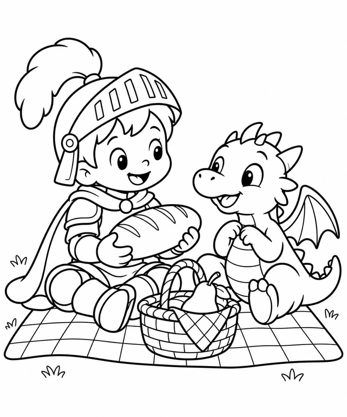 Picknick mit dem Ritter – einfache Malvorlage für Kinder