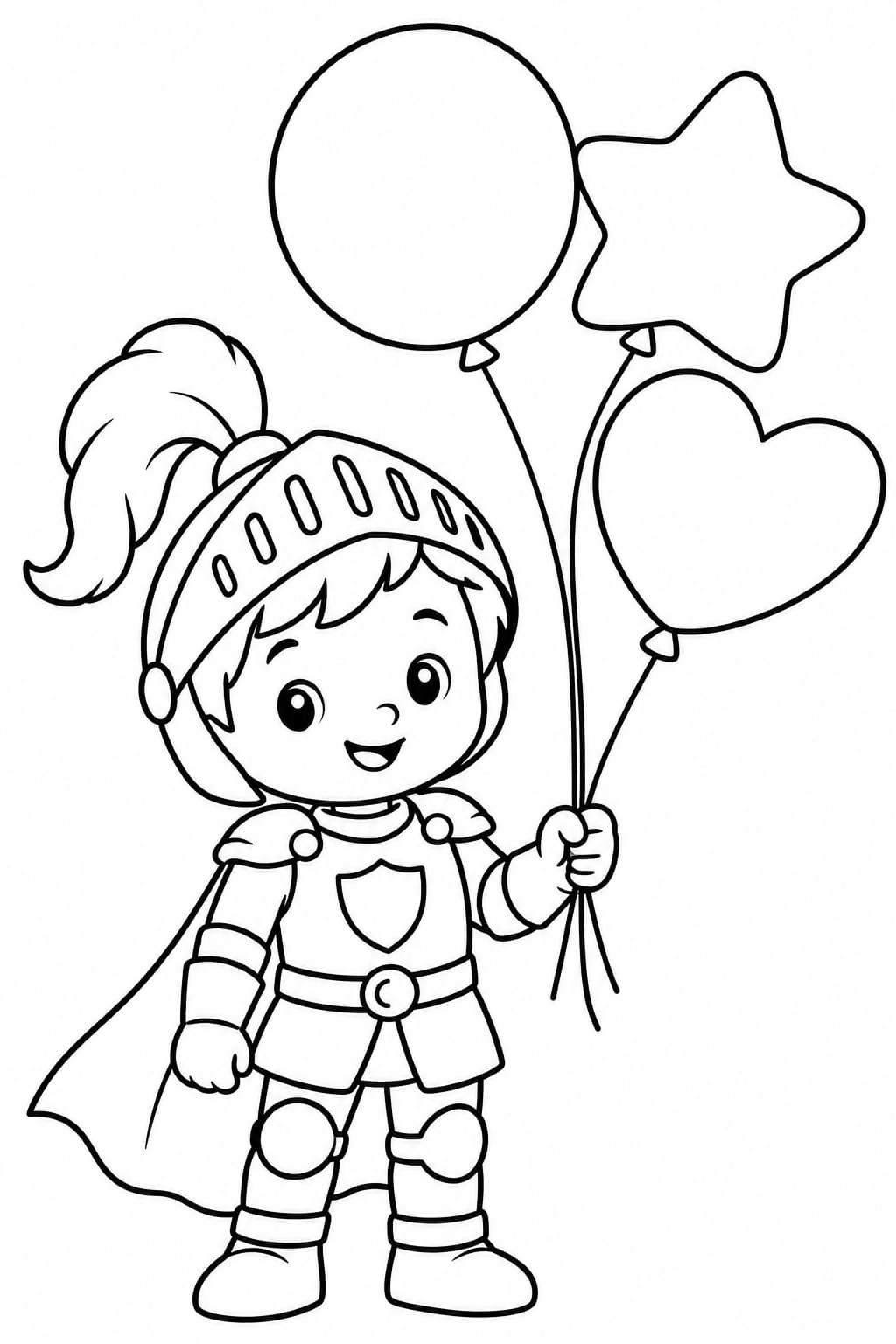 Ein Ritter mit bunten Luftballons – einfache Malvorlage für Kinder