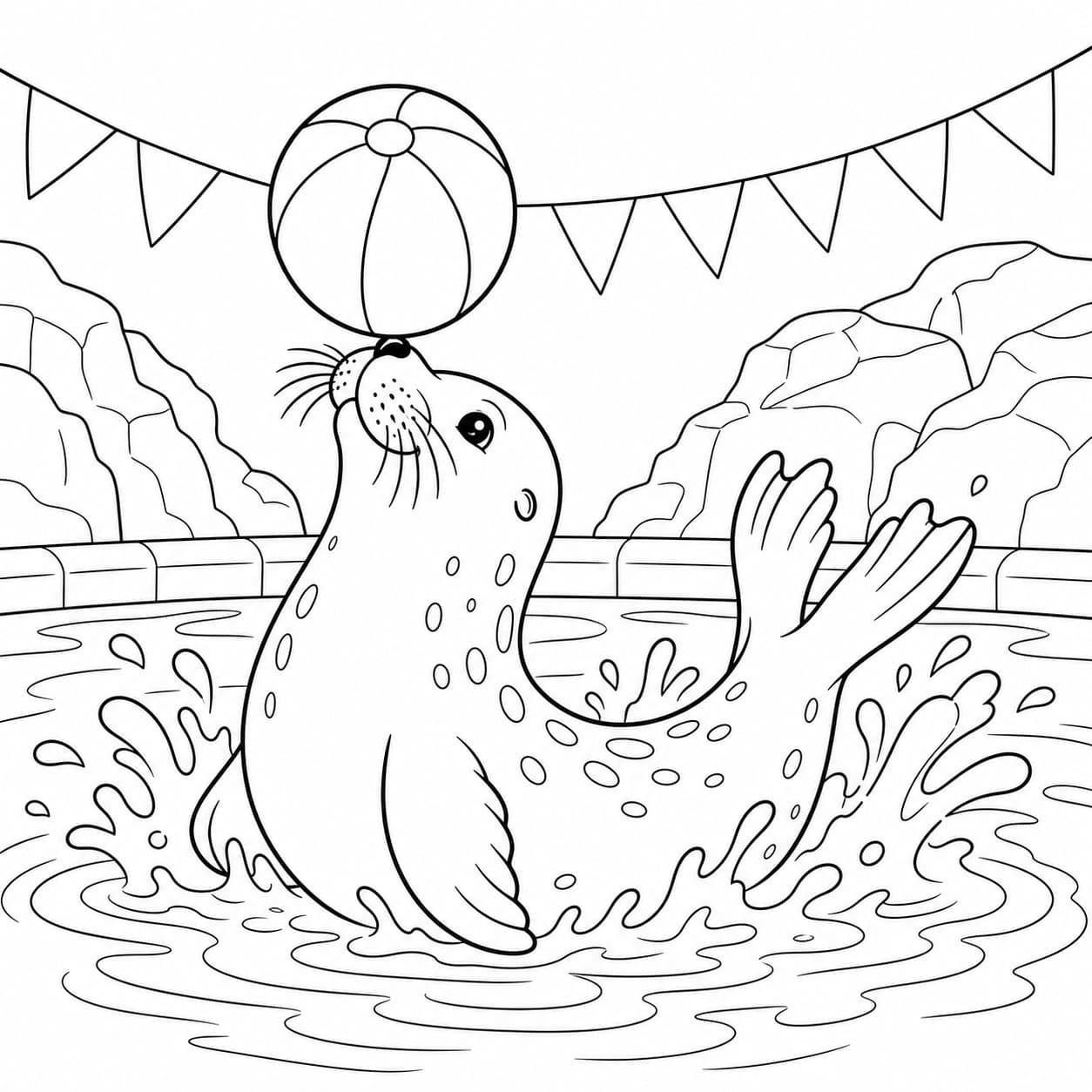 Robbe mit Wasserball Ausmalbild