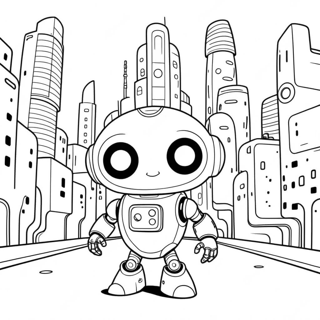 Roboter in der Zukunftsstadt Ausmalbild