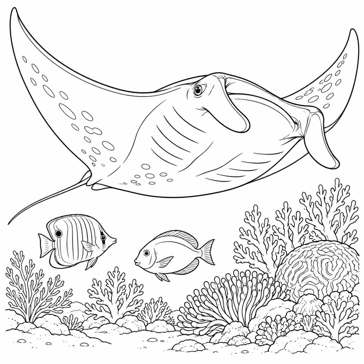 Mantarochen bei Korallen Ausmalbild