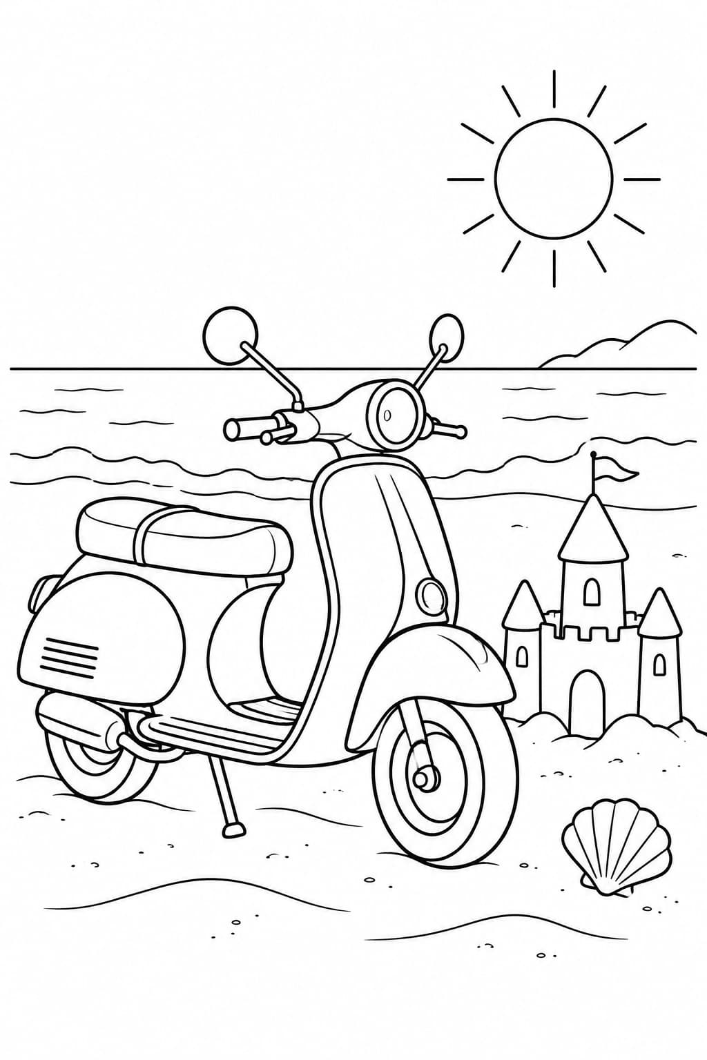 Motorroller am Strand – Ausmalbild in Schwarz-Weiß