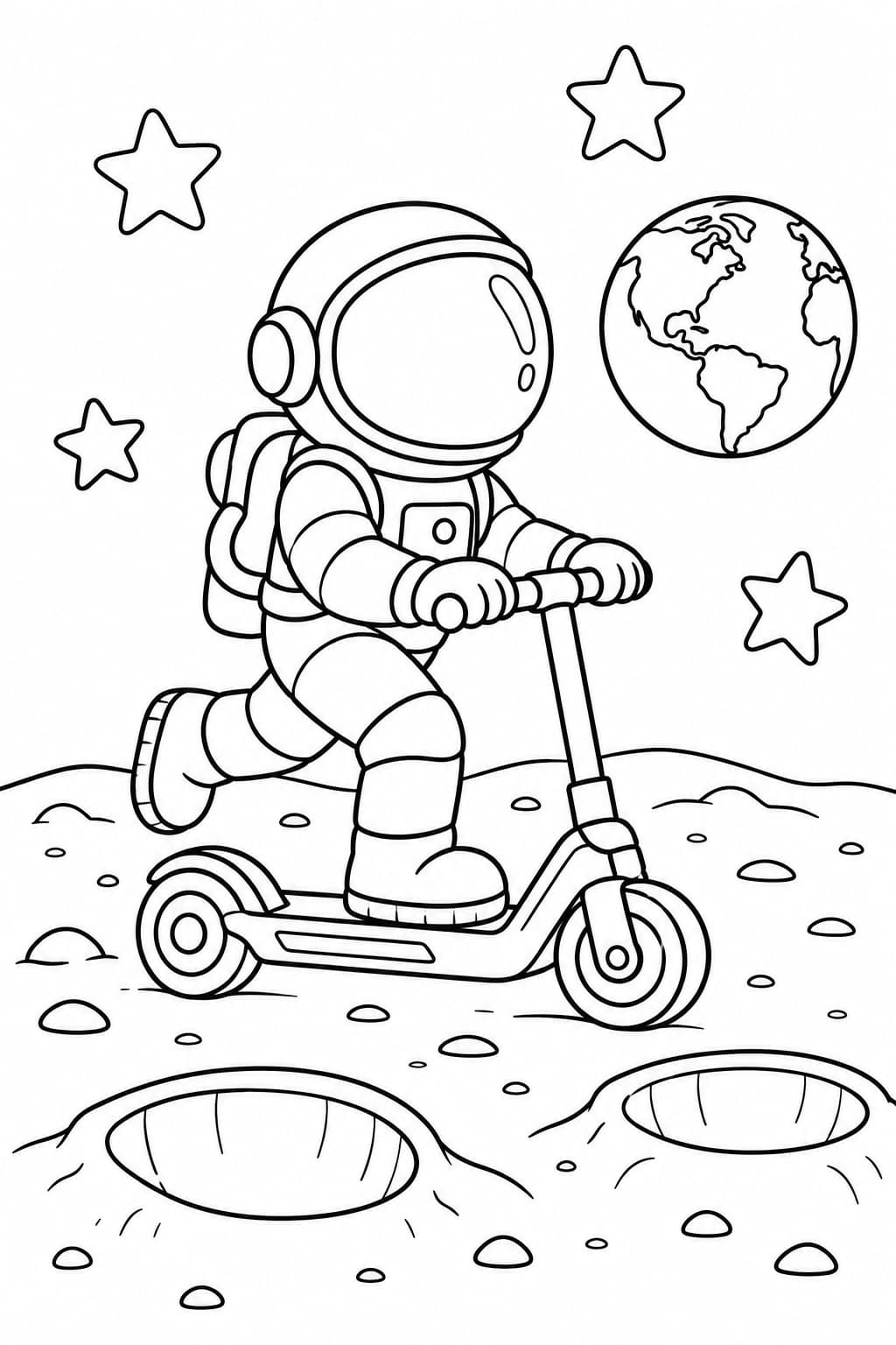 Rollerfahrt auf dem Mond – Ausmalbild in Schwarz-Weiß