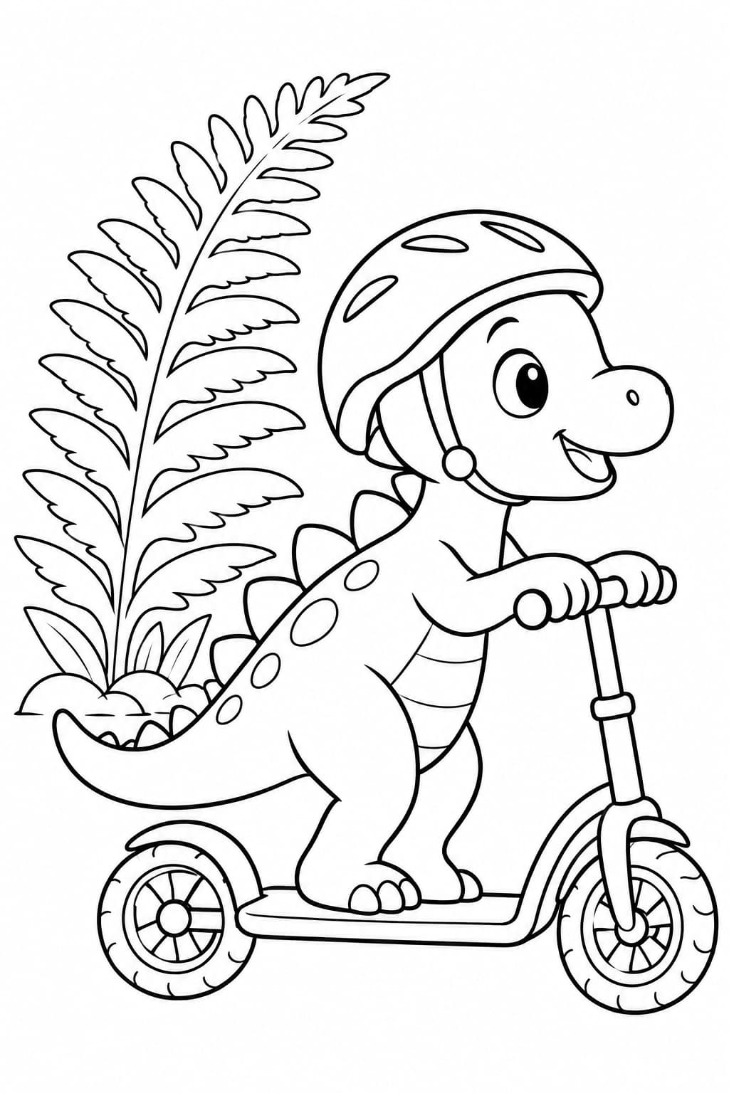 Dinosaurier auf dem Roller – Ausmalbild in Schwarz-Weiß