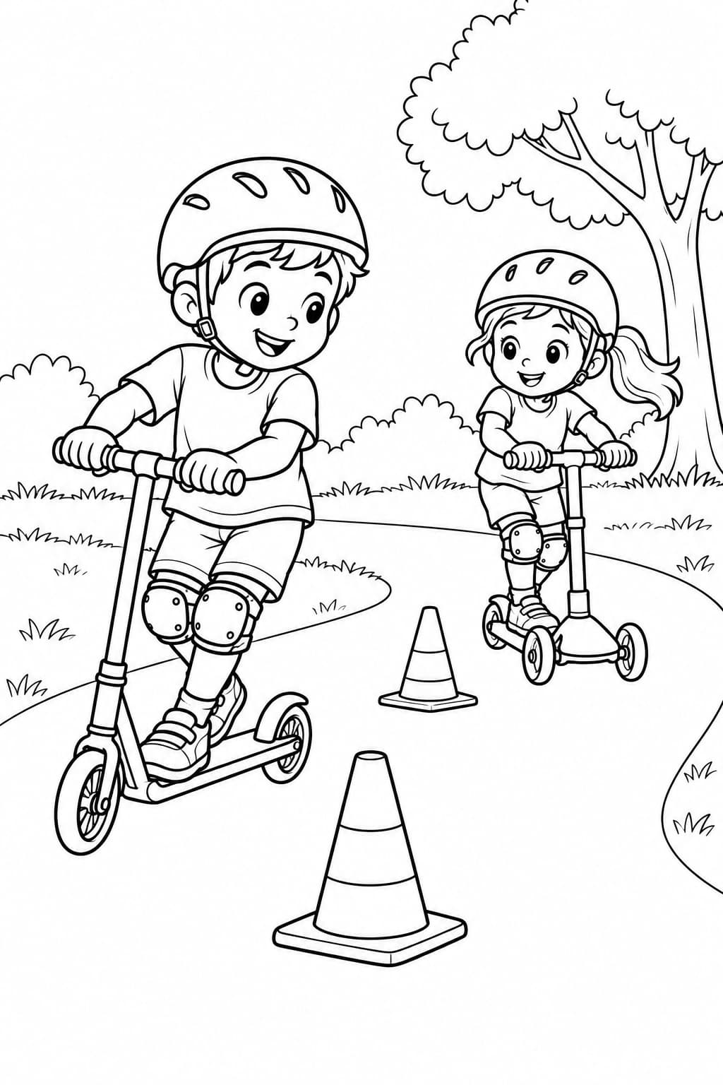 Freunde beim Rollerparcours – Ausmalbild in Schwarz-Weiß