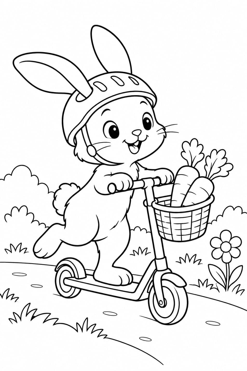 Hase mit Karotten im Korb – Ausmalbild in Schwarz-Weiß
