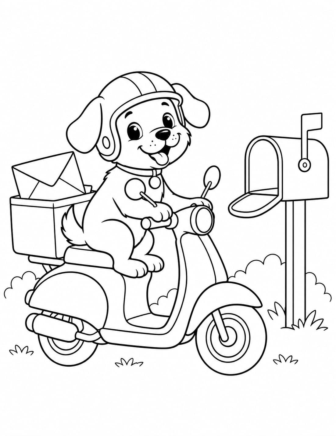 Hund als Postbote auf dem Motorroller – Ausmalbild in Schwarz-Weiß