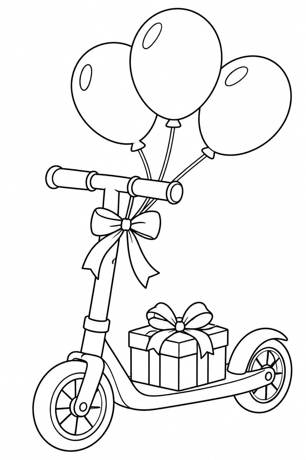 Roller mit Geburtstagsballons – Ausmalbild in Schwarz-Weiß