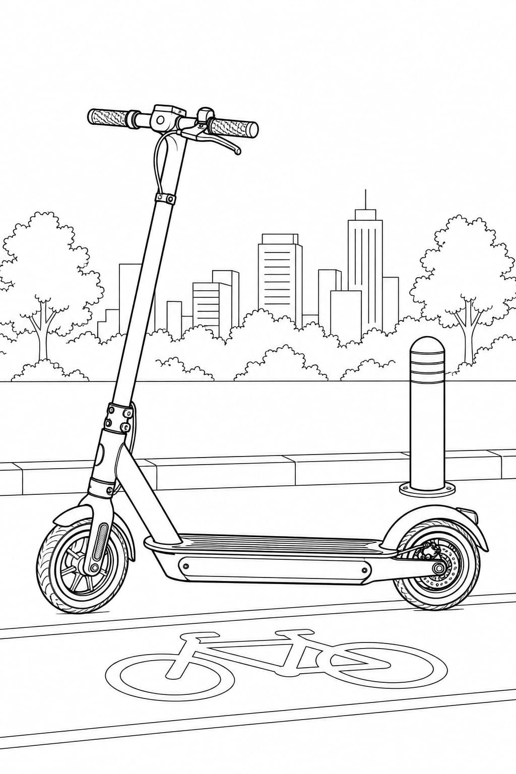 Realistischer E-Scooter – Ausmalbild in Schwarz-Weiß