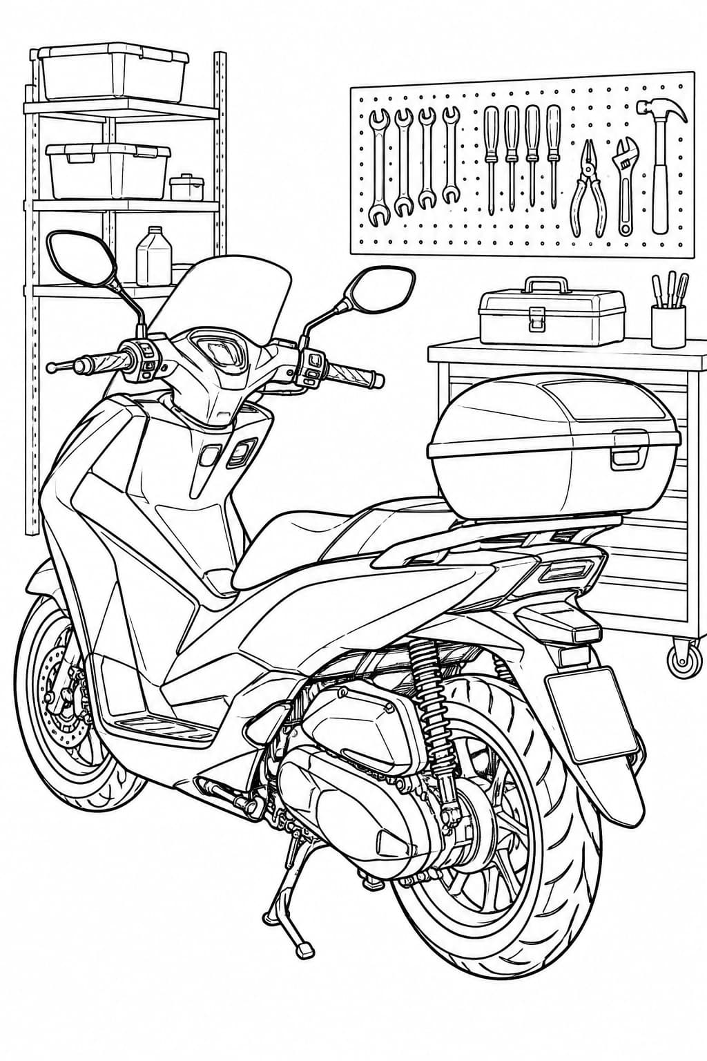 Realistischer Motorroller in der Werkstatt – Ausmalbild in Schwarz-Weiß