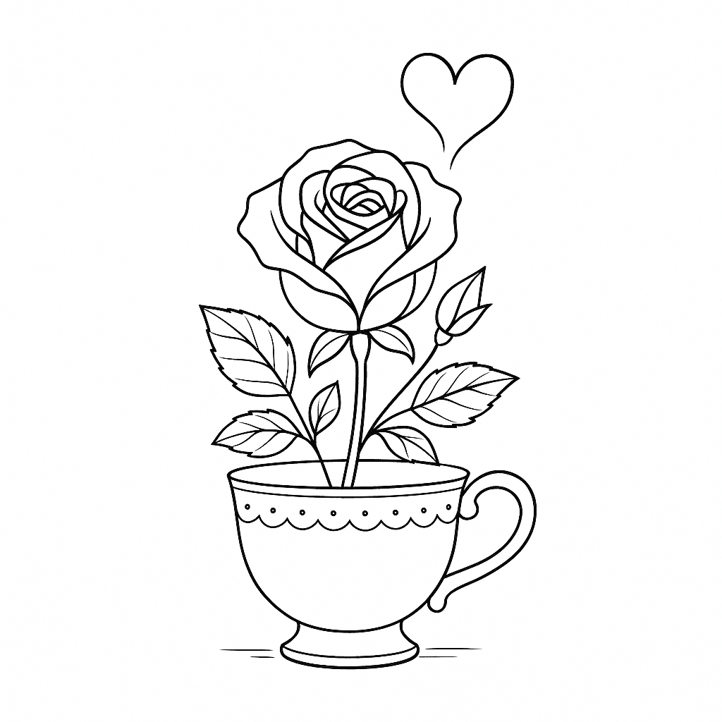 Rose in einer Tasse Ausmalbild