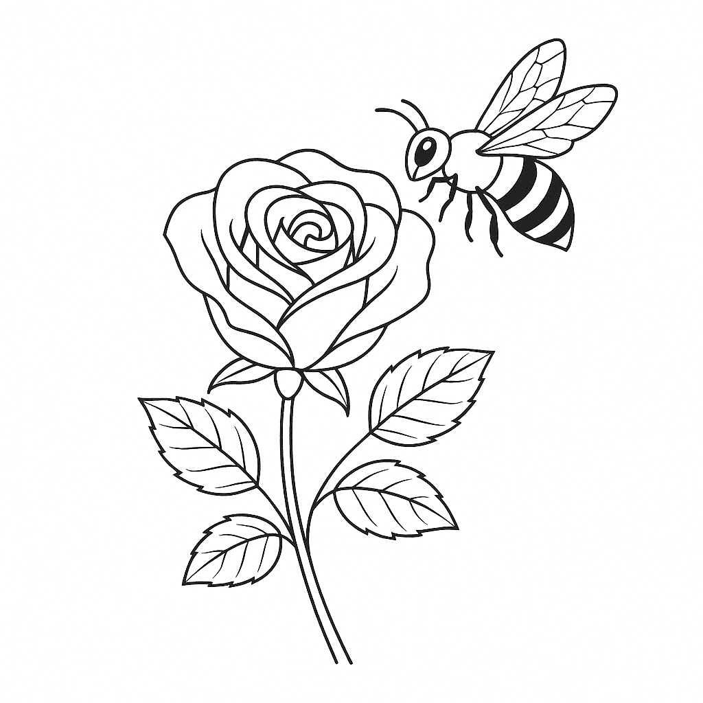 Rose mit Biene Ausmalbild