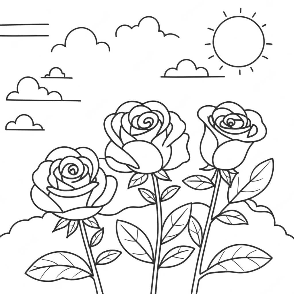 Rose mit Sonne Ausmalbild