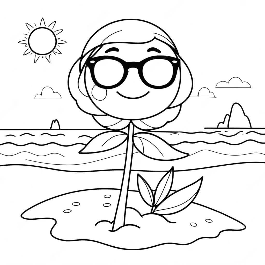 Rose mit Sonnenbrille am Strand Ausmalbild
