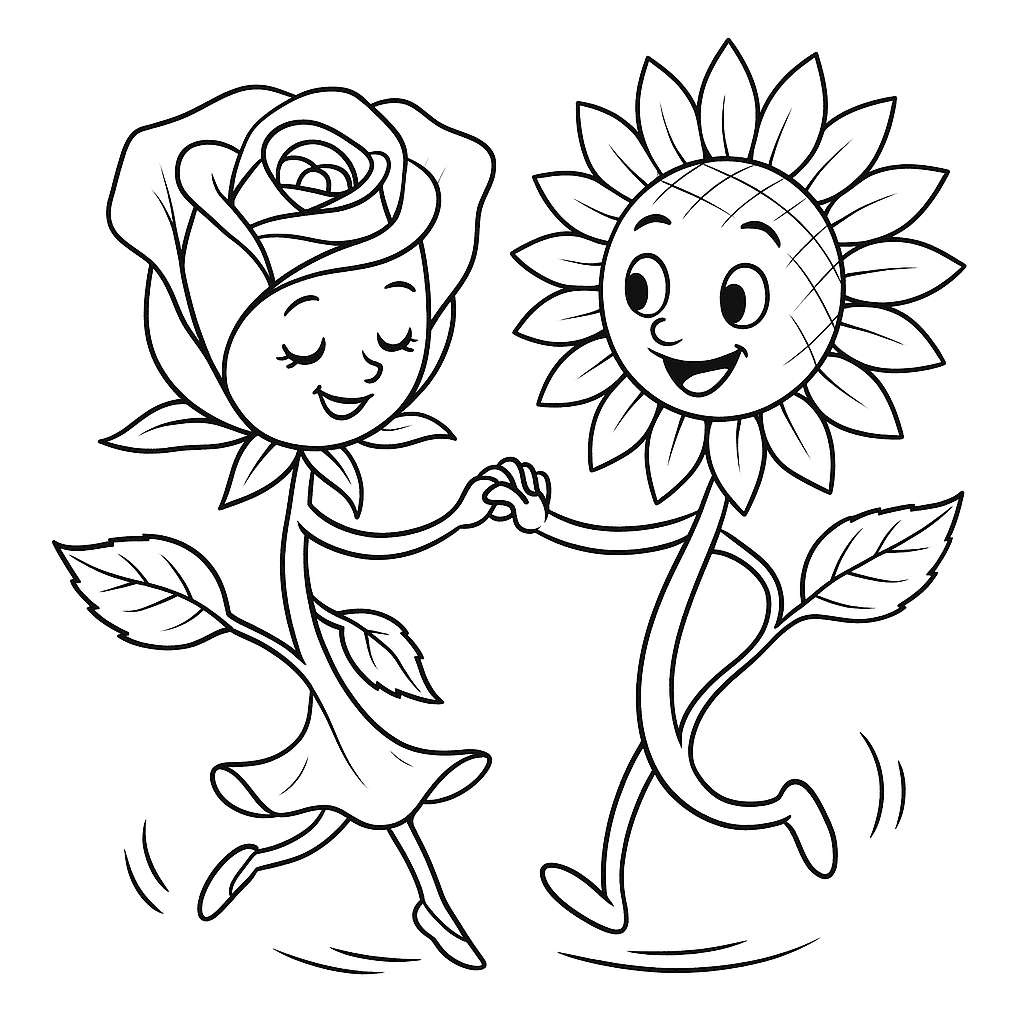 Rose und Sonnenblume tanzend Ausmalbild