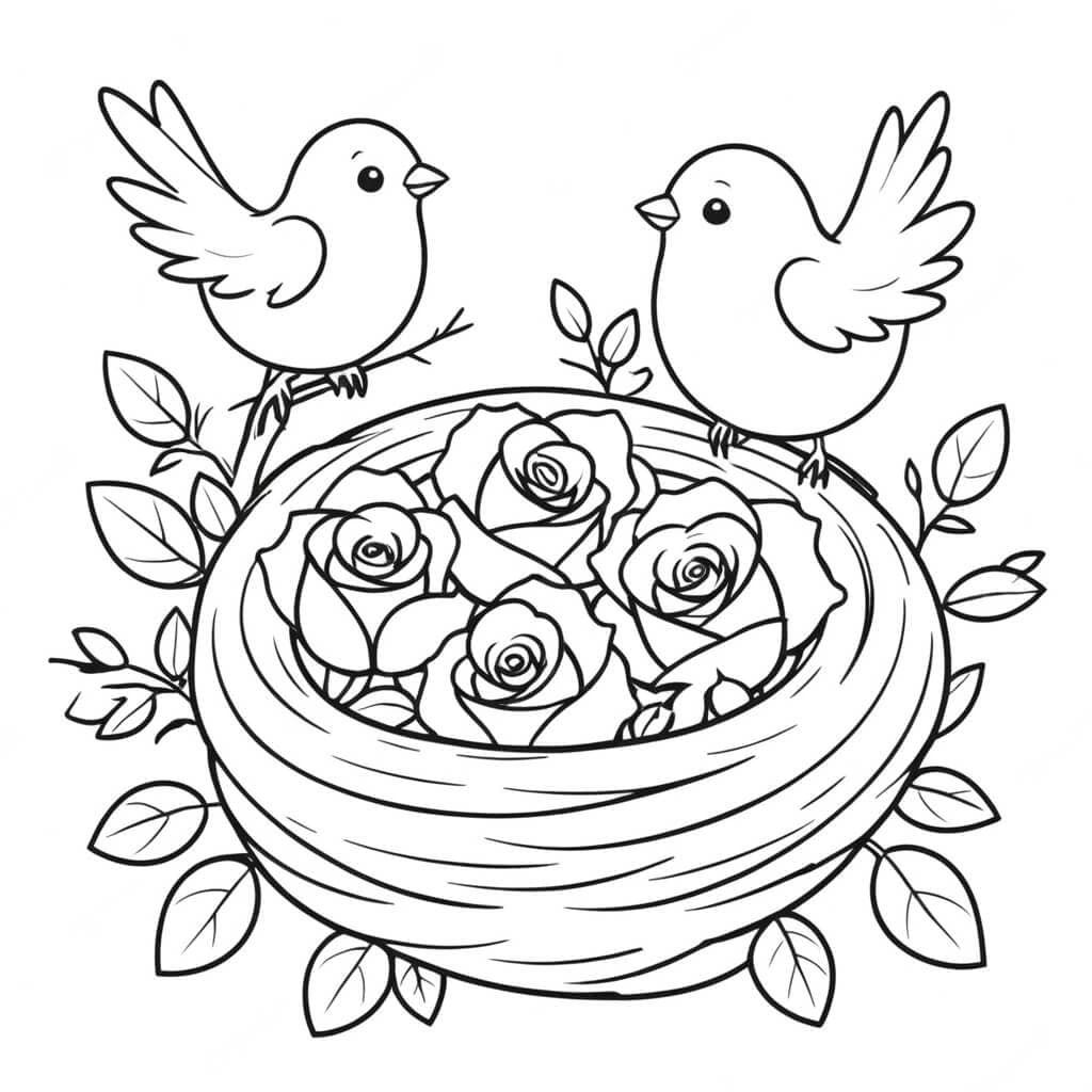 Rosen im Vogelnest Ausmalbild