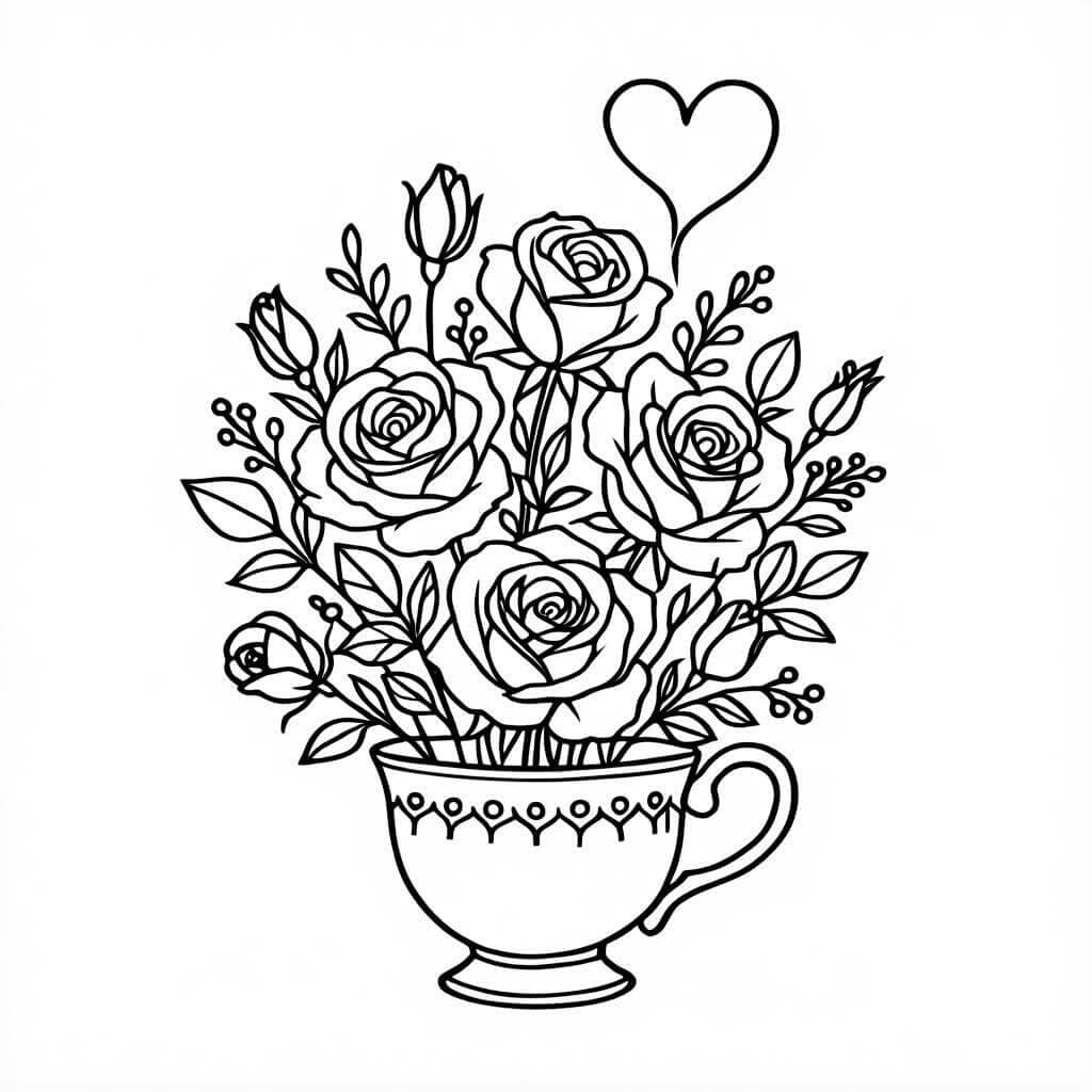 Rosen in einer Tasse Ausmalbild
