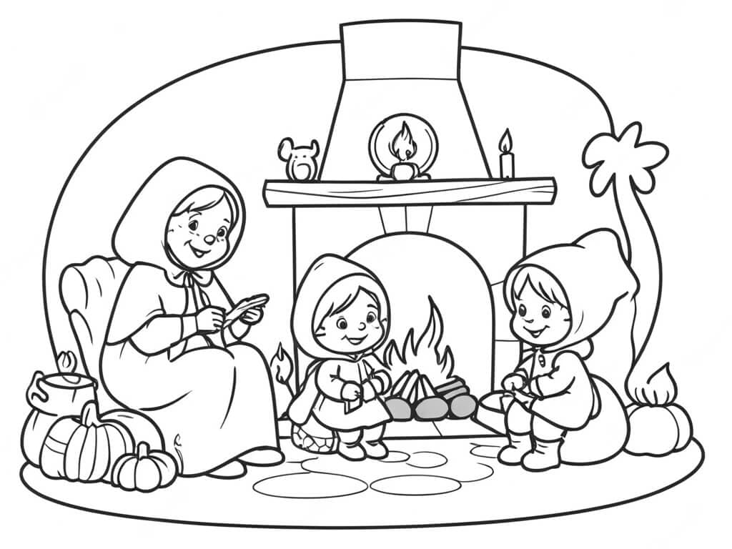 Großmutter, Jäger und Rotkäppchen Ausmalbild