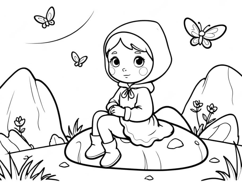 Rotkäppchen mit Schmetterlingen Ausmalbild