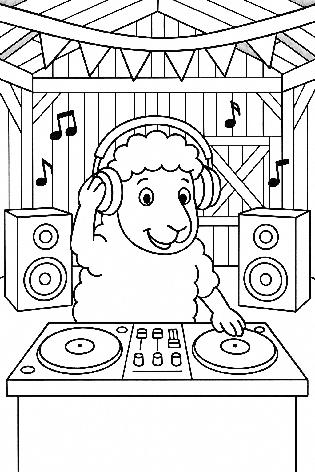 Schaf DJ im Stall Ausmalbild