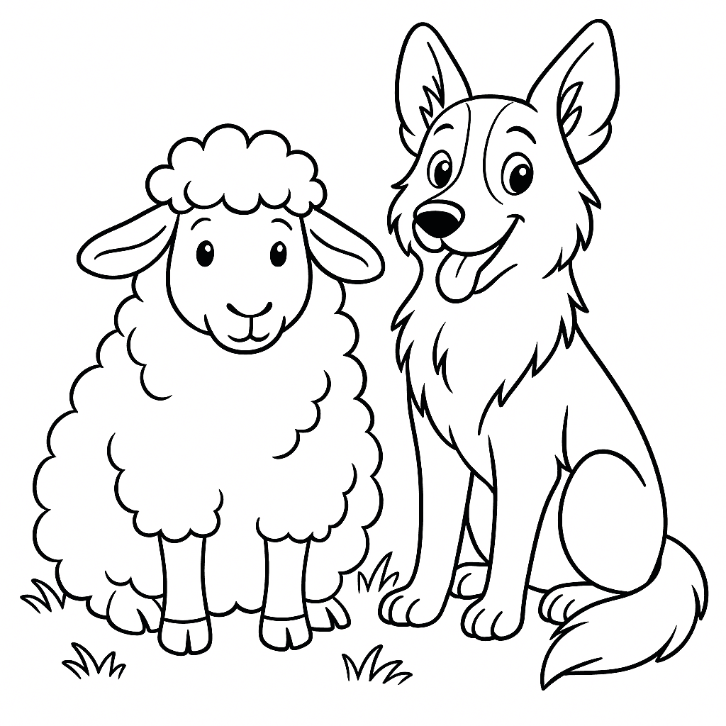 Schaf und Hirtenhund Ausmalbild