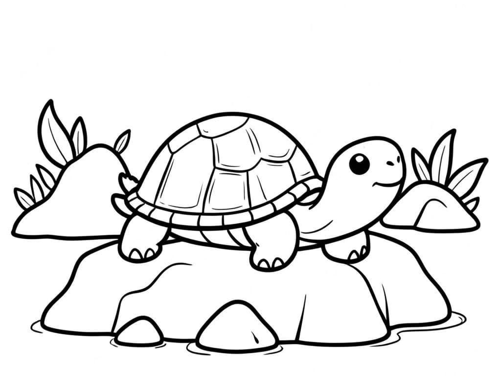 Schildkröte auf Stein am Bach Ausmalbild