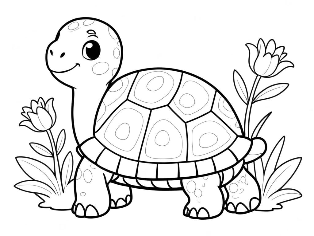 Schildkröte im Blütengarten Ausmalbild