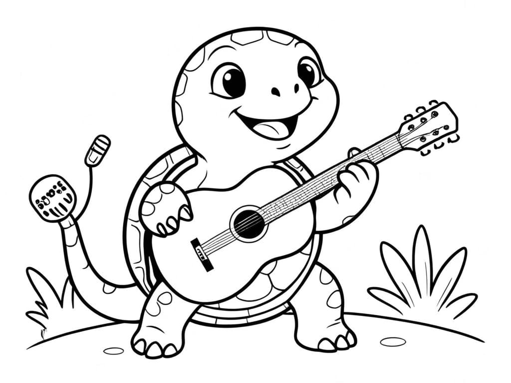 Schildkröte mit Mikrofon singt und spielt Gitarre Ausmalbild