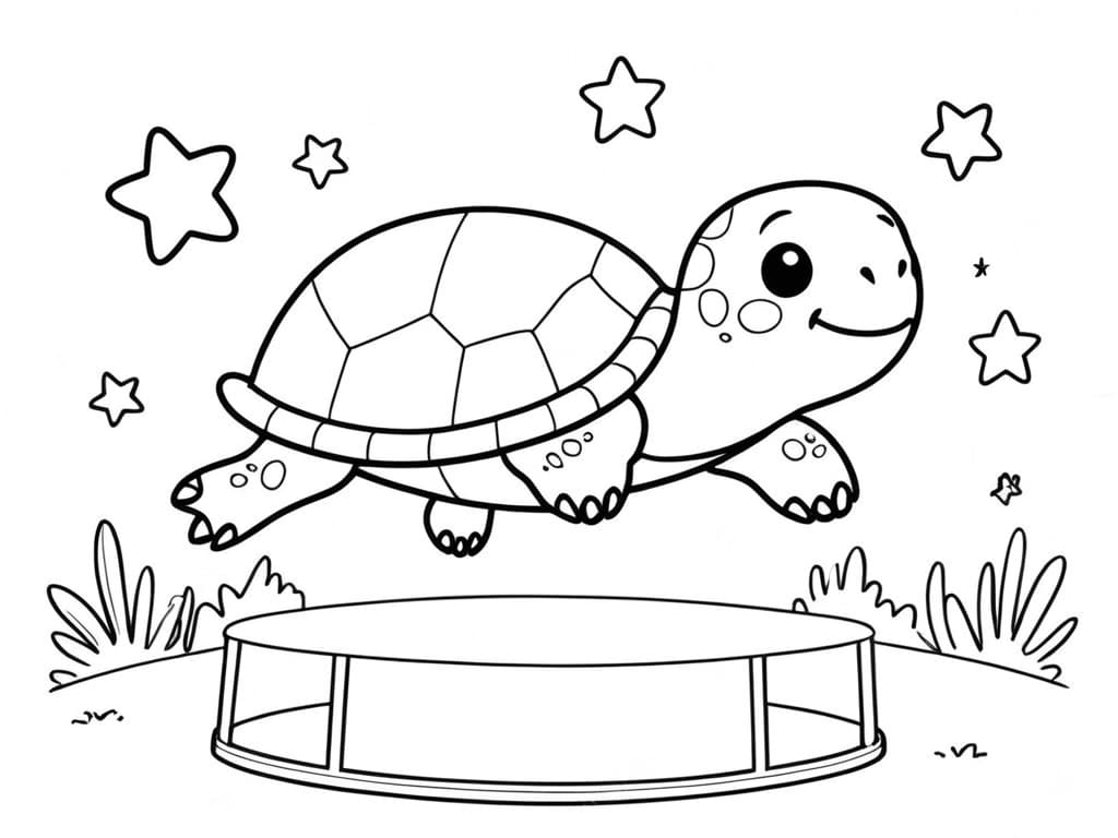 Schildkröte springt auf dem Trampolin Ausmalbild