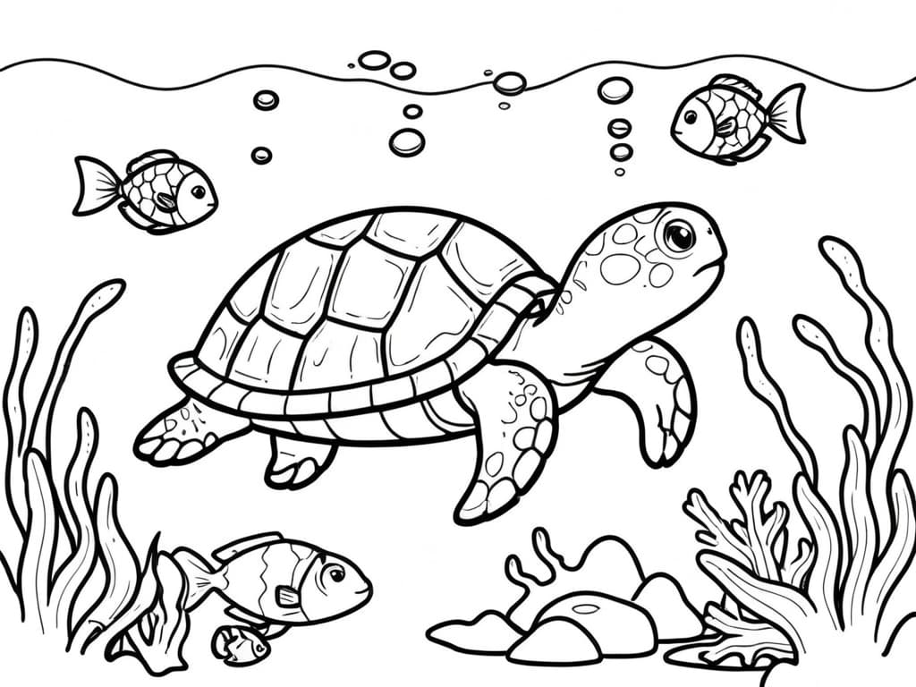 Schildkröte und Fische im Ozean Ausmalbild