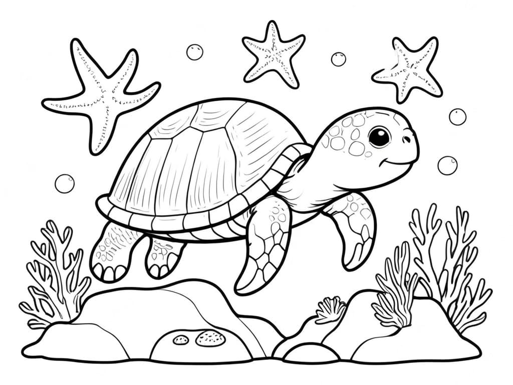 Schildkröte und Seesterne Ausmalbild